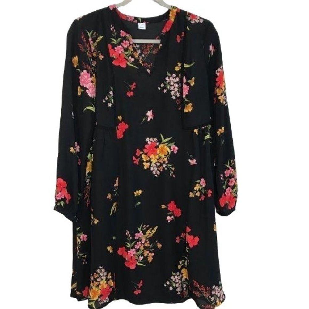 Old Navy Dress Women's Small Black Floral Longโ Sleeve V-Neck Lined